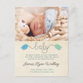 Schattigee vogeltjes dank u notitie baby jongen fo briefkaart (Voorkant)