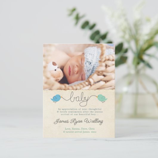 Schattigee vogeltjes dank u notitie baby jongen fo briefkaart (Staand voorkant)