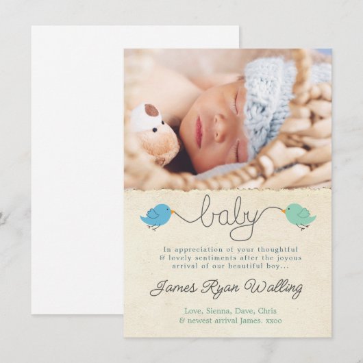 Schattigee vogeltjes dank u notitie baby jongen fo kaart (Voorkant / Achterkant)