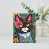 Schattigee volkskunst grillige kat en bloemen briefkaart (Staand voorkant)