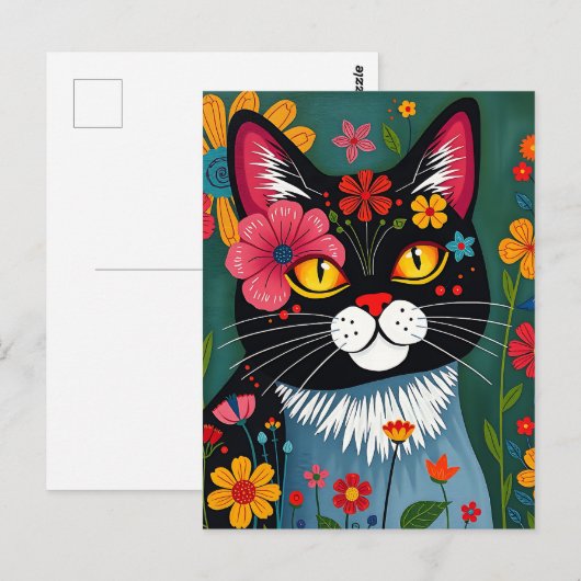 Schattigee volkskunst grillige kat en bloemen briefkaart (Voorkant / Achterkant)