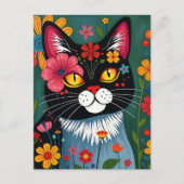 Schattigee volkskunst grillige kat en bloemen briefkaart (Voorkant)