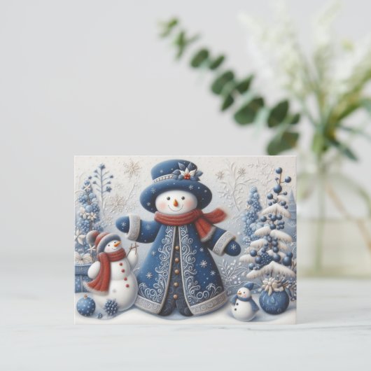 Schattigee volkskunst kerst sneeuwpop briefkaart (Staand voorkant)