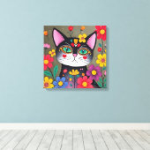 Schattigee volkskunst zwarte kat en bloemen canvas afdruk (Insitu (Houten vloer))