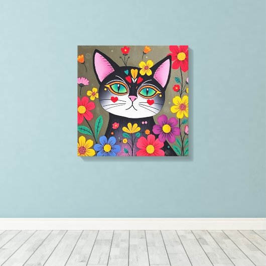 Schattigee volkskunst zwarte kat en bloemen canvas afdruk (Insitu (Houten vloer))