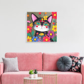 Schattigee volkskunst zwarte kat en bloemen canvas afdruk (Insitu (Woonkamer))