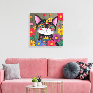 Schattigee volkskunst zwarte kat en bloemen canvas afdruk