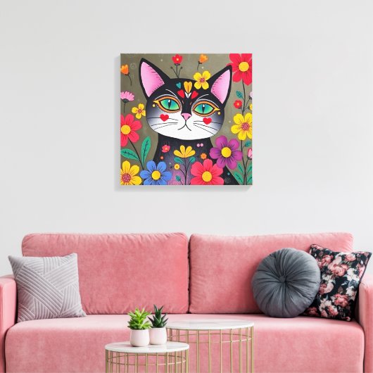 Schattigee volkskunst zwarte kat en bloemen canvas afdruk (Insitu (Woonkamer))