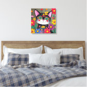 Schattigee volkskunst zwarte kat en bloemen canvas afdruk (Insitu (Slaapkamer))