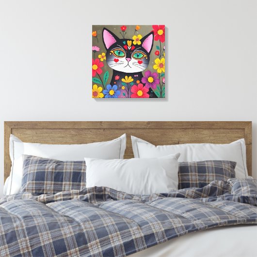 Schattigee volkskunst zwarte kat en bloemen canvas afdruk (Insitu (Slaapkamer))