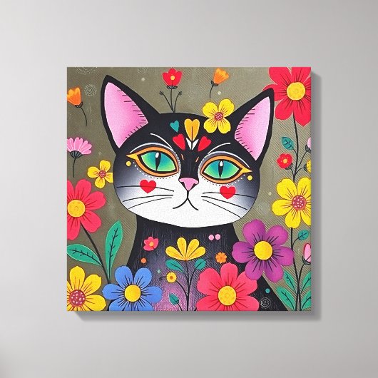 Schattigee volkskunst zwarte kat en bloemen canvas afdruk (Voorkant)
