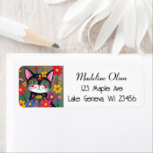 Schattigee volkskunst zwarte kat en bloemen etiket (Insitu)