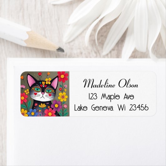 Schattigee volkskunst zwarte kat en bloemen etiket (Insitu)