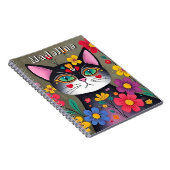Schattigee volkskunst Zwarte kat en bloemen gepers Notitieboek (Rechterzijde)