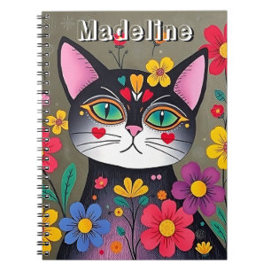 Schattigee volkskunst Zwarte kat en bloemen gepers Notitieboek