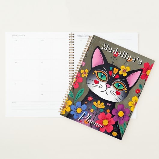 Schattigee volkskunst Zwarte kat en bloemen gepers Planner (Display)