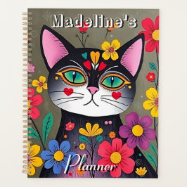 Schattigee volkskunst Zwarte kat en bloemen gepers Planner