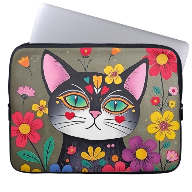 Schattigee volkskunst zwarte kat en bloemen laptop sleeve (Voorkant)