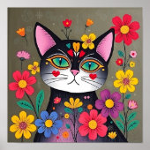 Schattigee volkskunst zwarte kat en bloemen poster (Voorkant)