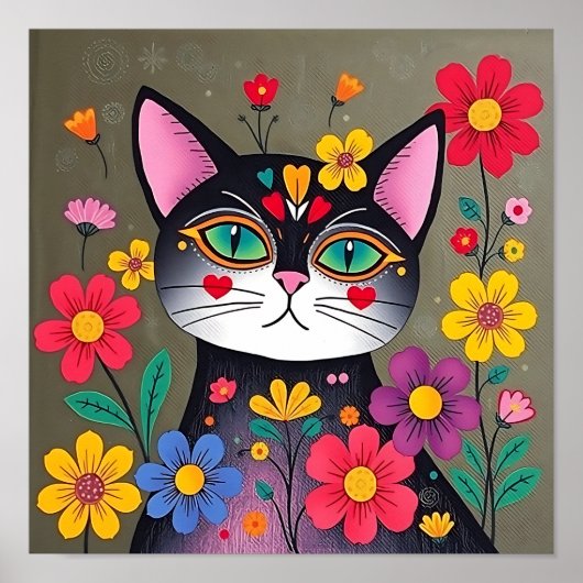 Schattigee volkskunst zwarte kat en bloemen poster (Voorkant)