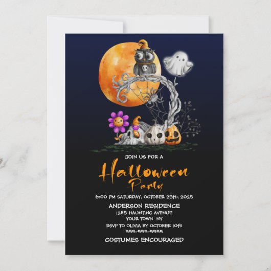 Schattigee Volle Maan Uil Halloween Kaart (Voorkant)