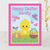 Schattigee voorjaarskuiken en chocoladeeieren Pase Kaart (Gele Bloem)
