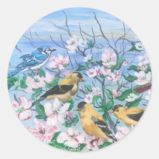 Schattigee voorjaarsvogels ronde sticker (Voorkant)