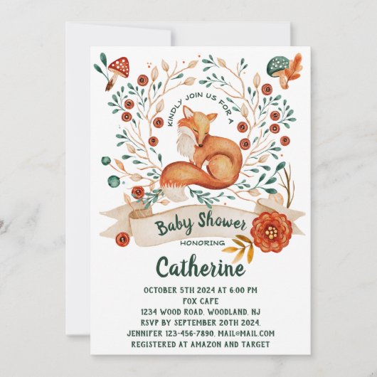 Schattigee vos bos bloemen baby shower Uitnodiging (Voorkant)
