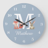 Schattigee vos en konijn baby boy monogram blauw grote klok (Voorkant)