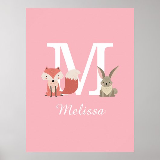 Schattigee vos- en konijnenbosdieren monogram roze poster (Voorkant)