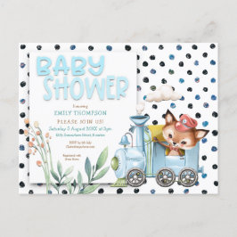 Schattigee vos in trein polka dots blauw Baby show Uitnodiging Briefkaart