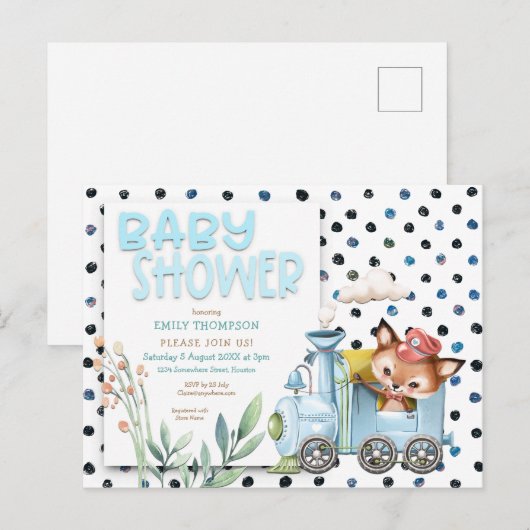 Schattigee vos in trein polka dots blauw Baby show Uitnodiging Briefkaart (Voorkant / Achterkant)