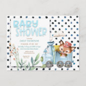 Schattigee vos in trein polka dots blauw Baby show Uitnodiging Briefkaart (Voorkant)