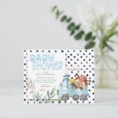 Schattigee vos in trein polka dots blauw Baby show Uitnodiging Briefkaart (Staand voorkant)