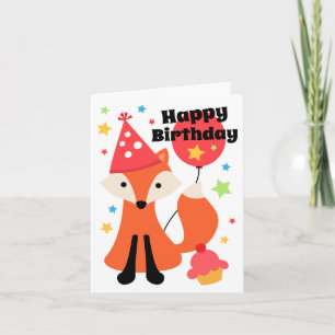 Schattigee vos met ballon cupcake ster Happy Birth Kaart