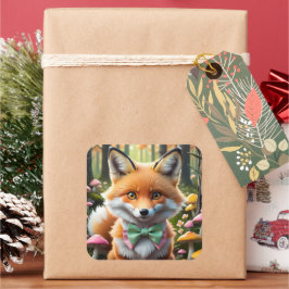 Schattigee vos met een groene en roze strik vierkante sticker