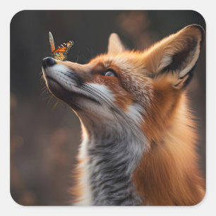 Schattigee vos met een vlinder op zijn neus vierkante sticker