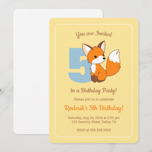 Schattigee vos op geel Kinder 5e verjaardag Kaart (Voorkant / Achterkant)