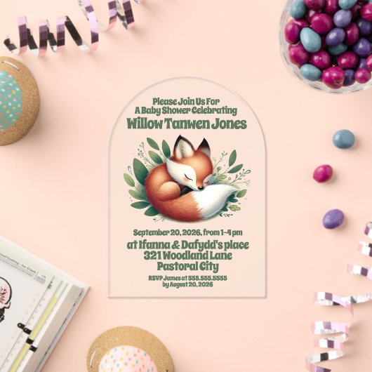 Schattigee vos slaapt in bladeren Baby shower Acryl Uitnodigingen (Insitu (Viering))