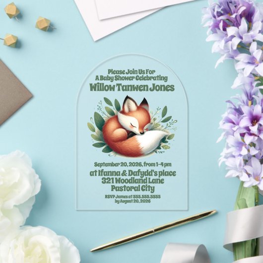Schattigee vos slaapt in bladeren Baby shower Acryl Uitnodigingen (Insitu (Huwelijk))