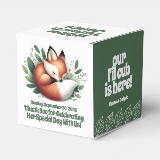 Schattigee vos slaapt in bladeren Baby shower Bedankdoosjes (Achterkant)