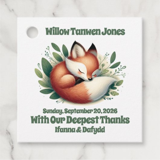 Schattigee vos slaapt in bladeren Baby shower Bedankjes Labels (Voorkant)