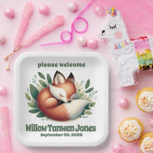 Schattigee vos slaapt in bladeren Baby shower Papieren Bordje (Feest)