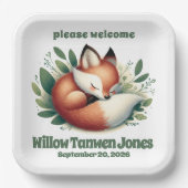 Schattigee vos slaapt in bladeren Baby shower Papieren Bordje (Voorkant)