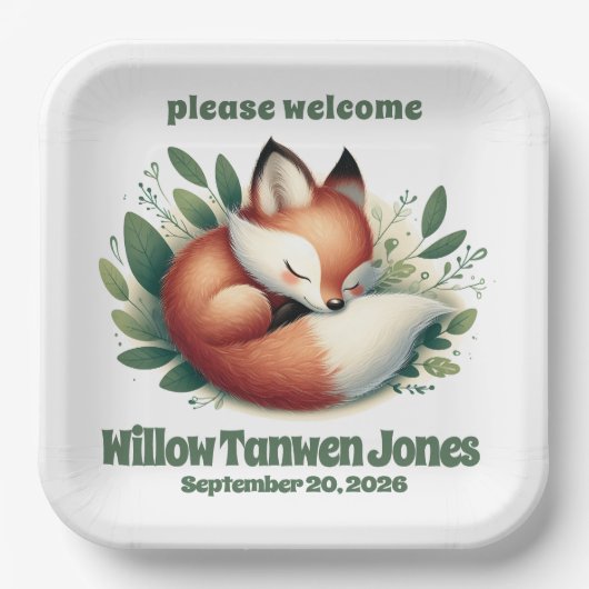 Schattigee vos slaapt in bladeren Baby shower Papieren Bordje (Voorkant)