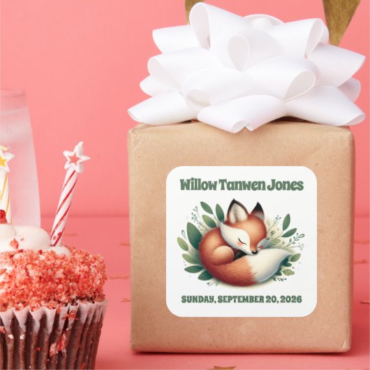 Schattigee vos slaapt in bladeren Baby shower Vierkante Sticker (Feest)