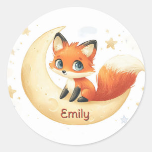 Schattigee Vos Zittend op de Maan Met Sterren Ronde Sticker