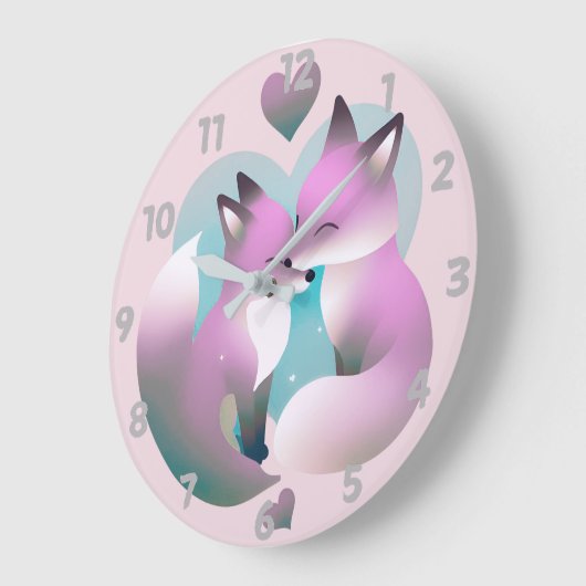Schattigee vossen kussen roze en grijs rond grote klok (Hoek)