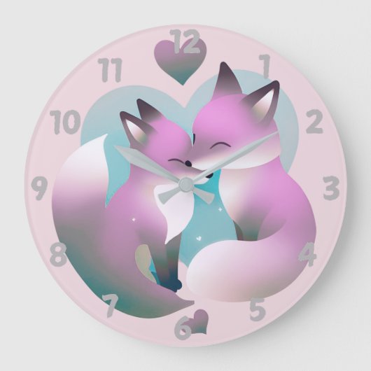 Schattigee vossen kussen roze en grijs rond grote klok (Voorkant)
