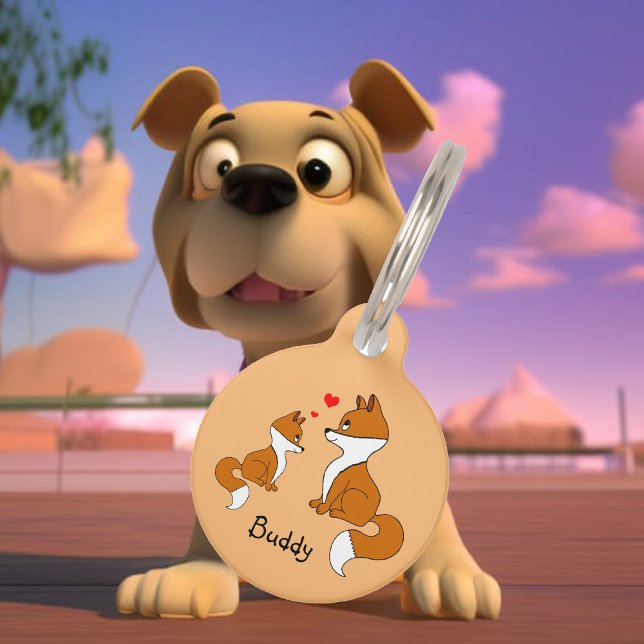 Schattigee vossen met hart, met de hand getekend huisdierpenning (Creator heeft geüpload)